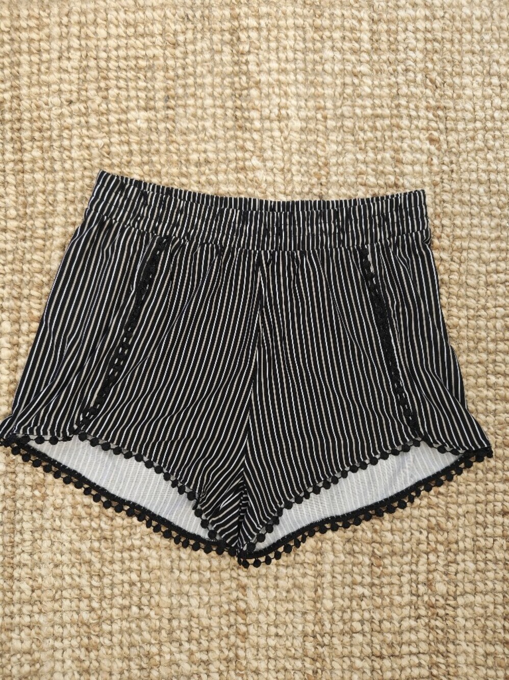 Ardene Black and White Striped High Waist Shorts with Pom Trim